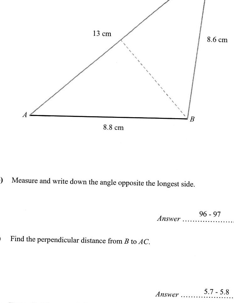 Triangle ABC with a dashed line from B perpendicular to AC.