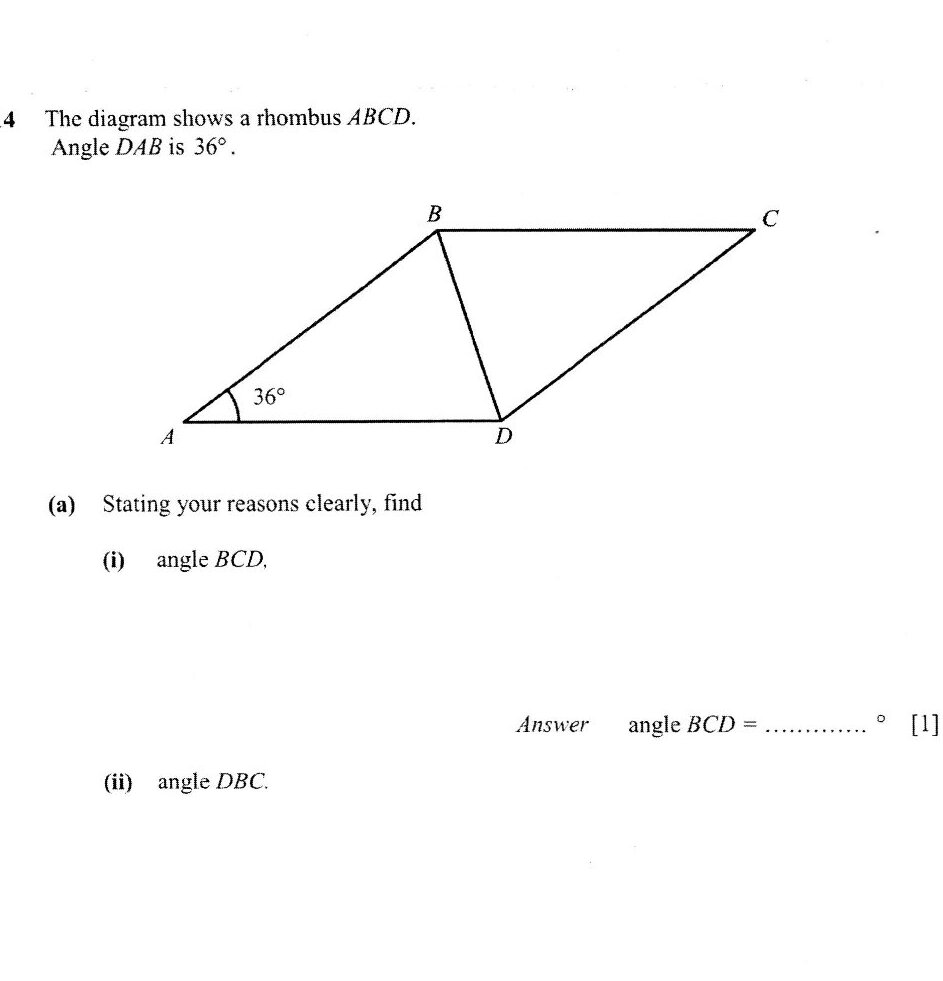 A rhombus ABCD with vertices labeled. A is at the bottom left, B is at the top, C is at the top right, and D is at the bottom right. The angle DAB at vertex A is marked as 36°. A diagonal BD is drawn inside the rhombus.
