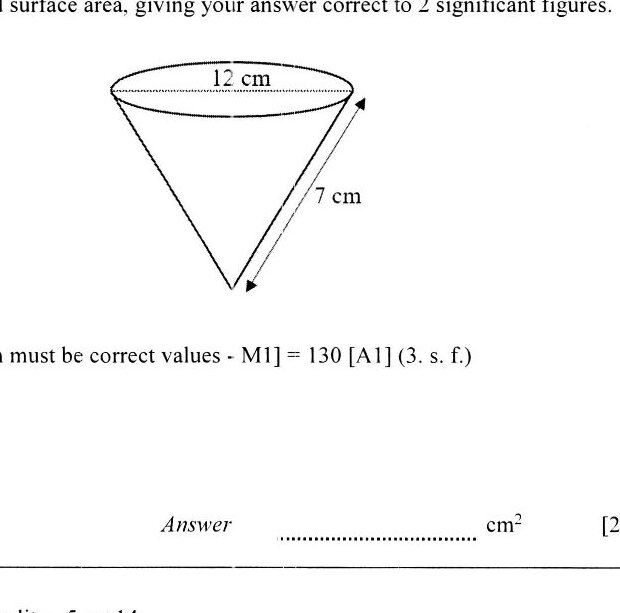 A diagram of an open cone showing a circular top with diameter labeled as 12 cm and a slant height labeled as 7 cm extending from the edge of the circle to the apex of the cone.