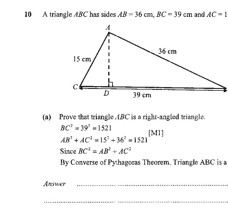 Triangle ABC with base CB = 39 cm, side AB = 36 cm, and side AC = 15 cm. A perpendicular line is drawn from vertex A to base CB, meeting at point D. The perpendicular AD is labeled as 15 cm, and the base segment DB is labeled as 39 cm.