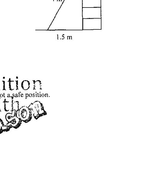 A right-angled triangle showing a ladder of length 4 m leaning against a vertical wall. The horizontal distance from the wall to the bottom of the ladder is 1.5 m. The wall is shown as a vertical line with a small square indicating the right angle where the ladder meets the wall.