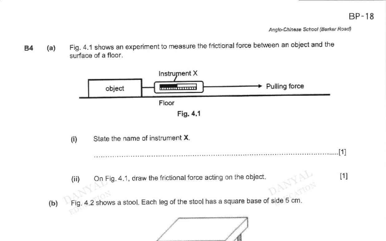 Fig. 4.1 shows an experimental setup with an object on a floor connected to Instrument X (a force meter) via a horizontal line, with an arrow indicating pulling force direction to the right.