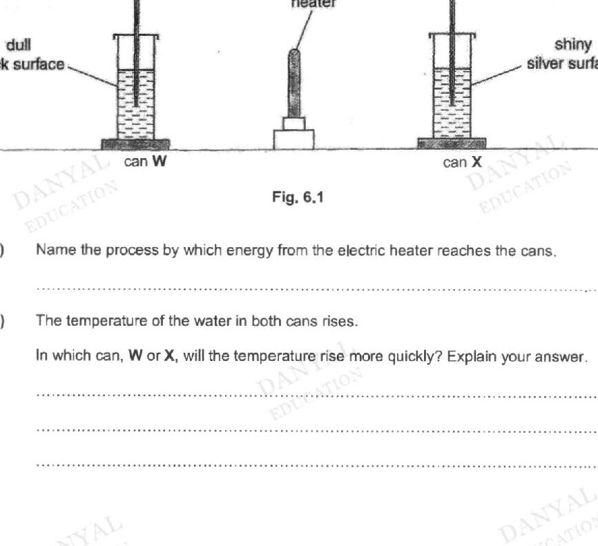 Figure 6.1 shows two similar metal cans placed the same distance from an electric heater. Can W has a dull black surface and contains water with a thermometer. Can X has a shiny silver surface and contains water with a thermometer. Both cans are filled with equal volumes of water. An electric heater is positioned between the two cans.