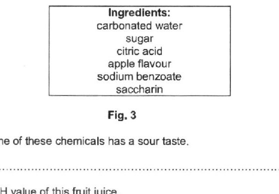 Figure 3 shows an ingredients list from a bottle of fruit juice containing: carbonated water, sugar, citric acid, apple flavour, sodium benzoate, saccharin