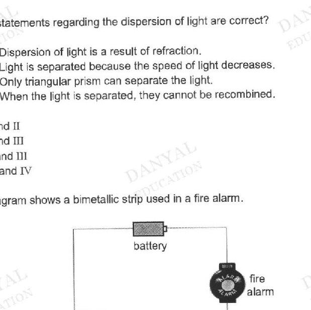 A circuit diagram showing a battery connected to a fire alarm bell. Two bimetallic strips (metal strip X and metal strip Y) are shown side by side, forming part of a contact switch in the circuit.