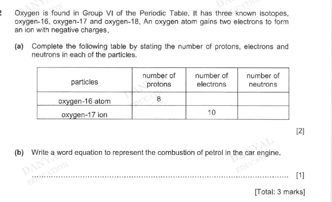 Table with columns: particles | number of protons | number of electrons | number of neutrons. Rows: oxygen-16 atom (8 protons shown), oxygen-17 ion (10 electrons shown)