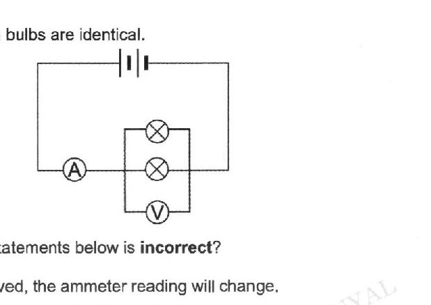 A circuit diagram showing a battery (cell) at the top, connected to an ammeter (A) on the left, and two identical bulbs in parallel arrangement on the right. A voltmeter (V) is connected across the bulbs to measure voltage.
