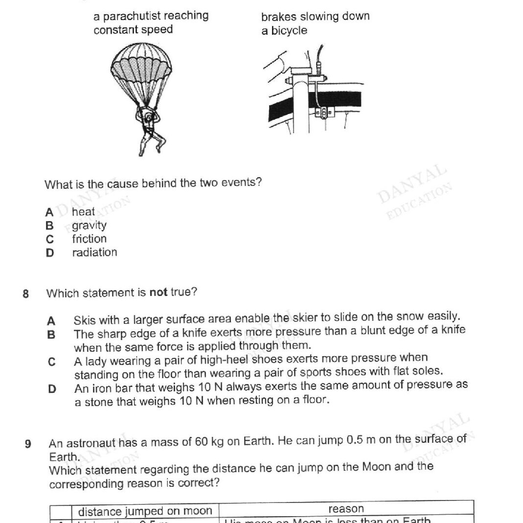 Two illustrations: (1) A parachutist reaching constant speed - shows a person with an open parachute descending; (2) Brakes slowing down a bicycle - shows bicycle brake mechanism being applied