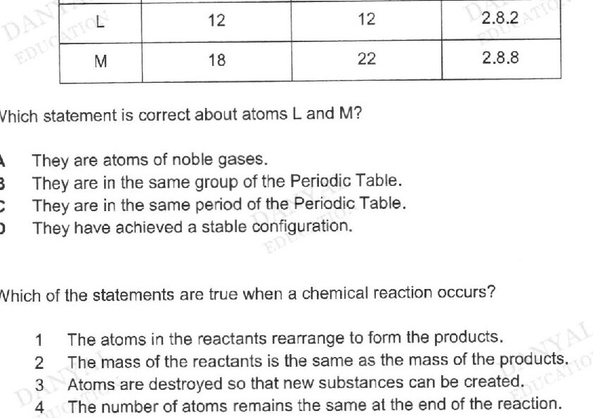 A table with three columns (atom, number of protons, number of neutrons, electronic structure) and two rows. Row 1: L, 12, 12, 2.8.2. Row 2: M, 18, 22, 2.8.8.